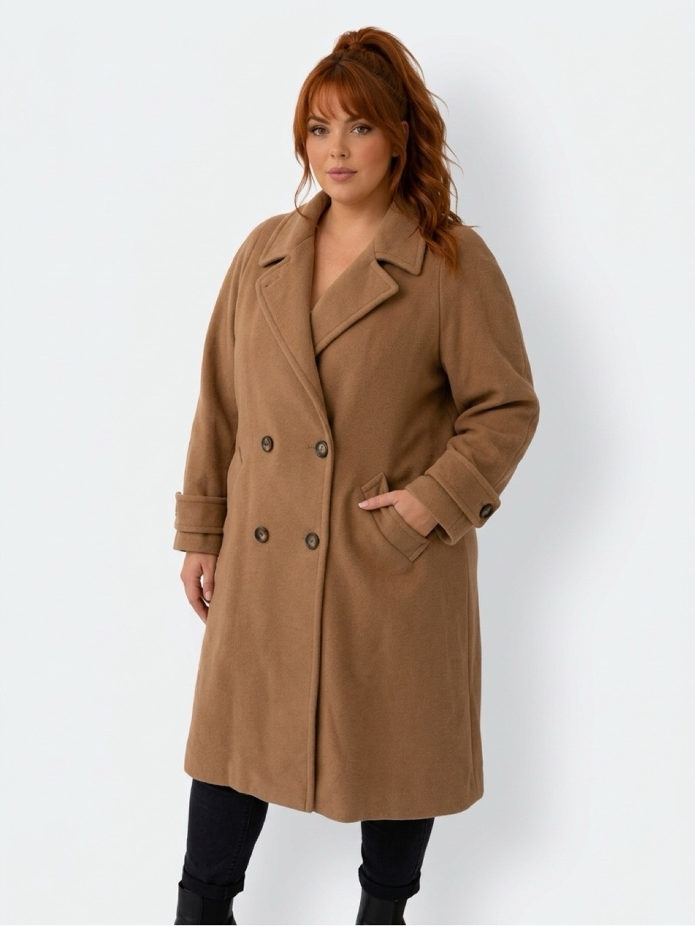 Women's Double-Breasted Tan Pea Coat 100% cachemire